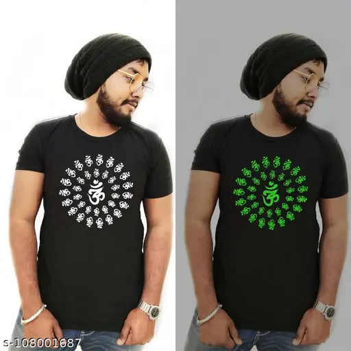Glow-in-the-dark cotton T-shirt with printed Om symbol, neon greenish glow, short sleeves, size M (38in chest, 29.5in length), made in India