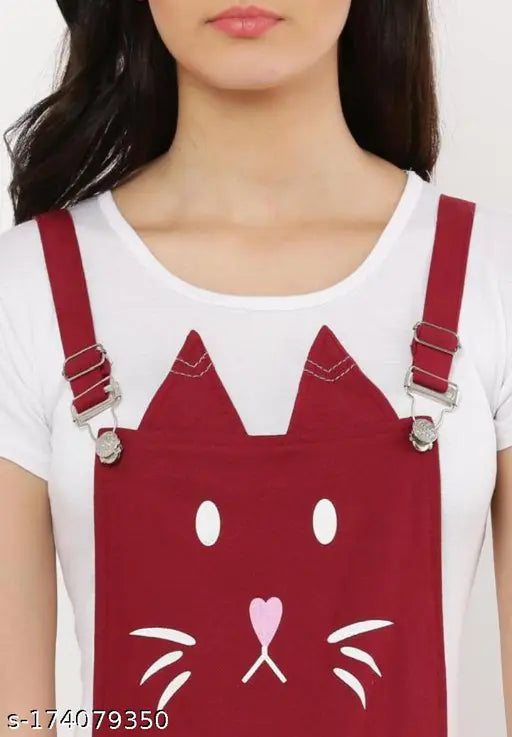 Maroon cat print jumpsuit, printed net fabric, short sleeves, fashion accessory for women, India origin