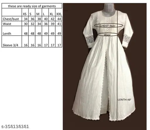 Cotton blend striped whit long frock with embroidery, three-quarter sleeves, high quality stitching. XS (44in bust, 48in length), S (36in bust, 48in length), M (38in bust, 48in length), L (40in bust, 48in length), XL (42in bust, 48in length), XXL (44in bust, 48in length). Comfortable fabric, perfect fitting pattern, made in India