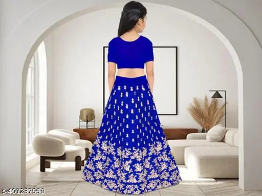 Embroidered cotton silk lehenga choli set for kids, short sleeve net dupatta on display, Indian traditional party wear