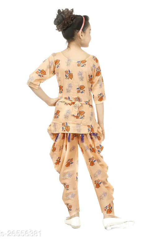 Orange cotton linen girls' top & dhoti pant set - Indian traditional attire with A-line top and elastic waistband