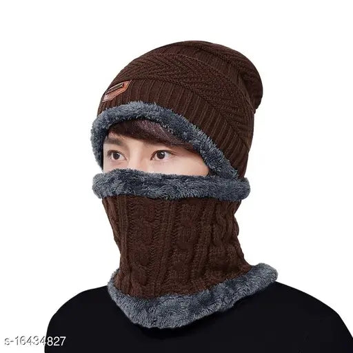 Woolen beanie and neck warmer combo, solid wool, fur-lined winter caps with face cover, made in India