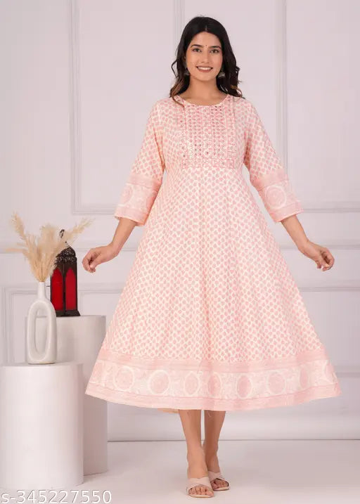 Baby pink rayon Anarkali kurta with buttis print and embroidery, three-quarter sleeve length, solid combo. Women's summer fashion from India
