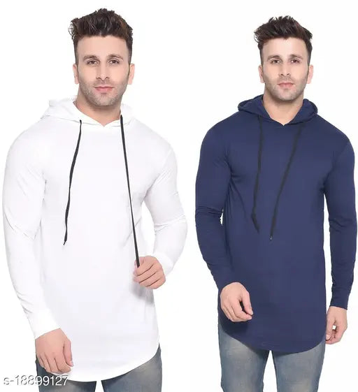 White cotton-blend hooded t-shirts pack for men, long sleeves, solid design, sizes S-XL, origin India