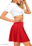 Red polyester stretch waist flared mini skater short skirt for women, solid design on fashion model