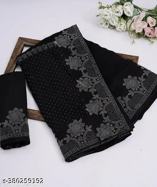 Black Georgette Silk Saree with heavy diamond work border, contrast blouse included. 5.5m saree length, 0.8m blouse length. Indian handcrafted traditional wear