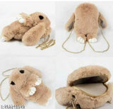 Brown fabric fluffy bunny sling bag, cross body style for girls, soft handbag with 1 compartment. Perfect travel or school accessory for kids under 100