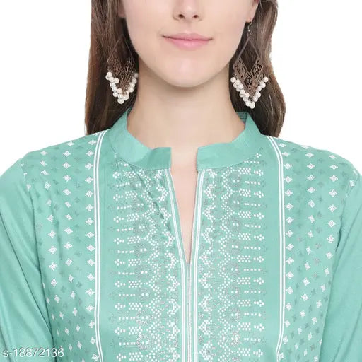 Olive Green White Block Print Rayon Kurta with Palazzo - printed net, three-quarter sleeves, women's ethnic Indian wear from India
