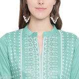 Olive Green White Block Print Rayon Kurta with Palazzo - printed net, three-quarter sleeves, women's ethnic Indian wear from India