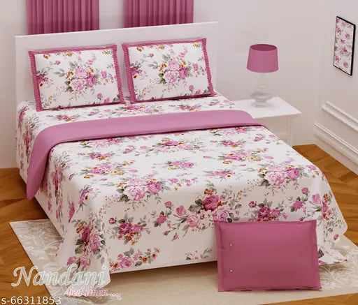 Super King Size 100% Pure Cotton Flower Print Bedsheet with 2 Designer Pillow Covers - Nandani Superior Quality