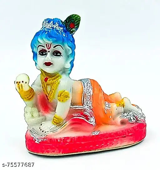 Sky blue unbreakable PVC Krishna idol (10cm) - Decorative Makhan Chor Krishna Murti, Indian folk art symbolizing divine love and compassion