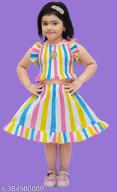 Striped cotton kids dress set, three-quarter sleeves, 6-24 months, Indian-made party wear for girls