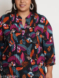 Black & purple leaf print viscose rayon longline top with mandarin collar and three-quarter sleeves - plus size fashion from India