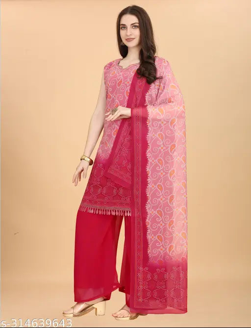 Printed Georgette Palazzo Kurti Set with Dupatta and Pants for Women, solid color three-quarter sleeves