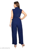 Blue polyester casual jumpsuit for ladies, solid blue design, full-length style, straight hemline, women's size M (Bust: 36in, Waist: 30in, Hip: 44in) - Women's casual wear from India
