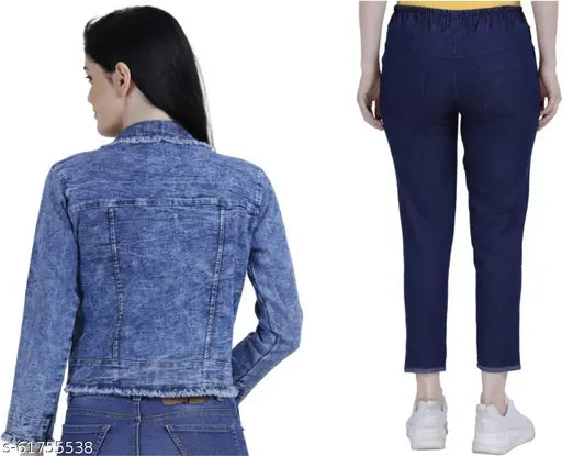 Solid denim denim jackets & joggers for girls, long-sleeved, India origin