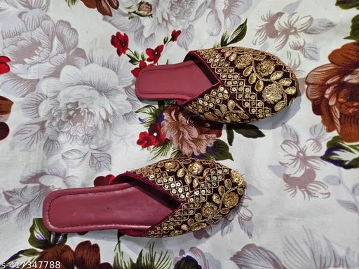 Maroon embellished synthetic mojari ballerinas - new designer Rajasthani ethnic flat shoes for women and ladies, slip-on style