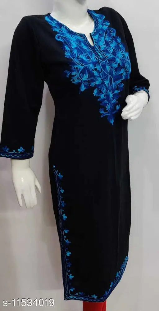 Black woolen A-line printed kurti, three-quarter sleeves, women's fashion, Indian handloom
