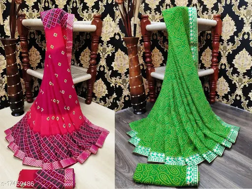 Georgette Bandhani print saree set, Indian-origin, free size, printed blouse with running blouse fabric