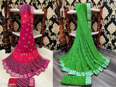 Georgette Bandhani print saree set, Indian-origin, free size, printed blouse with running blouse fabric