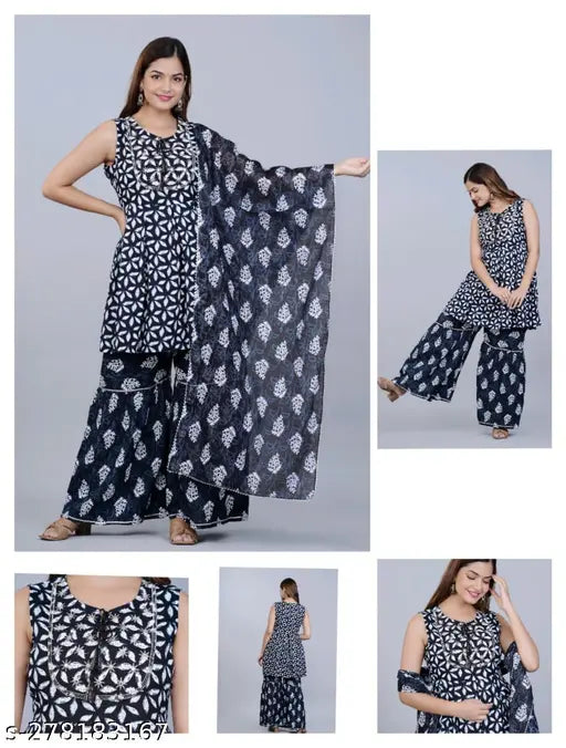 Black color rayon sharara set with kurta and dupatta, printed net design on display