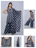 Black color rayon sharara set with kurta and dupatta, printed net design on display