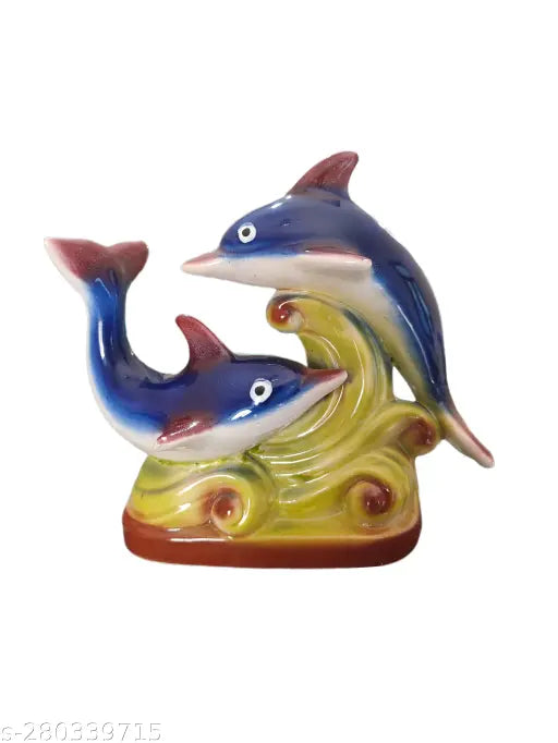 Clay dolphin figurine, 14cm x 17.5cm x 6.5cm, Indian handcrafted showpiece for living room or office decor