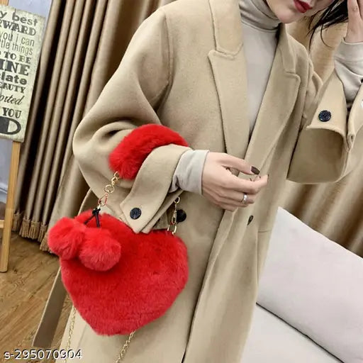 Plush soft faux fur heart-shaped sling bag with pompom balls, free size, suitable for various occasions