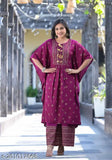 Rayon kaftan set with pants, printed net design, short sleeves, single size available