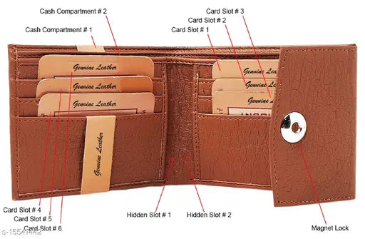 Tan PU leather men's wallet with magnet lock, durable for everyday use