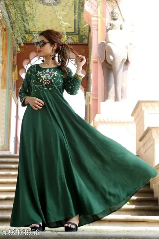 Embroidered rayon long anarkali kurti, three-quarter sleeves, Indian women's traditional fashion
