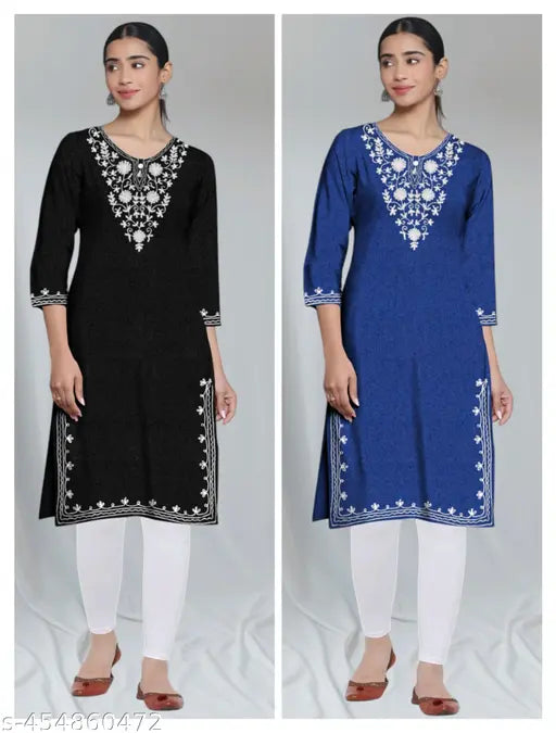 Warm Kashmiri woolen embroidery kurti with three-quarter sleeves, perfect for women's winter wear, Indian handcrafted traditional clothing combo (S-XXXL)