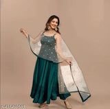 Art Silk green women's gowns with dupatta set, cream color dupatta. Indian-made, various sizes available from S to 6XL