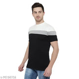 Colorblocked cotton blend t-shirt, JAISON3PANALWTHGRYBLK design on short sleeves, single piece, size S (18 in chest), made in India