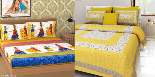 Cotton Jaipuri flat sheets combo pack, double queen size with 4 pillow covers - ideal for summer adult use, made in India