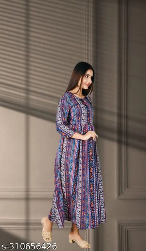 Printed crepe A-line kurtis, high-quality crepe fabric, floral print, three-quarter sleeves, India
