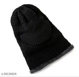 Black woolen cap with neck muffler/neckwarmer for women and men. Soft, anti-allergic, machine knitted beanie for autumn-winter season in solid style. Perfect for most weather types