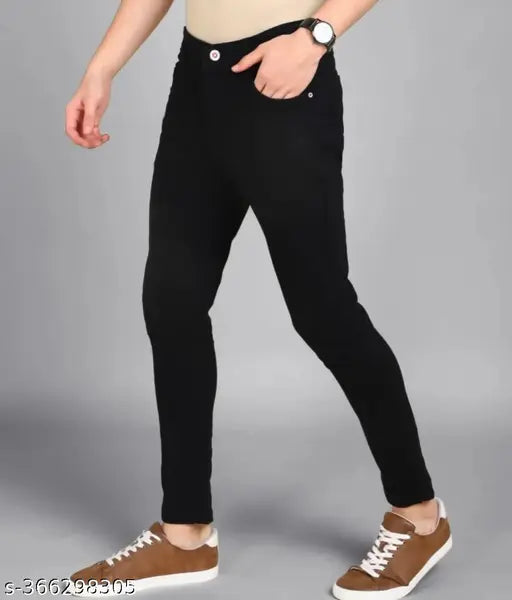 MOD Men Plain Black Jeans RU34I - Cotton blend solid black jeans for men, size 34
