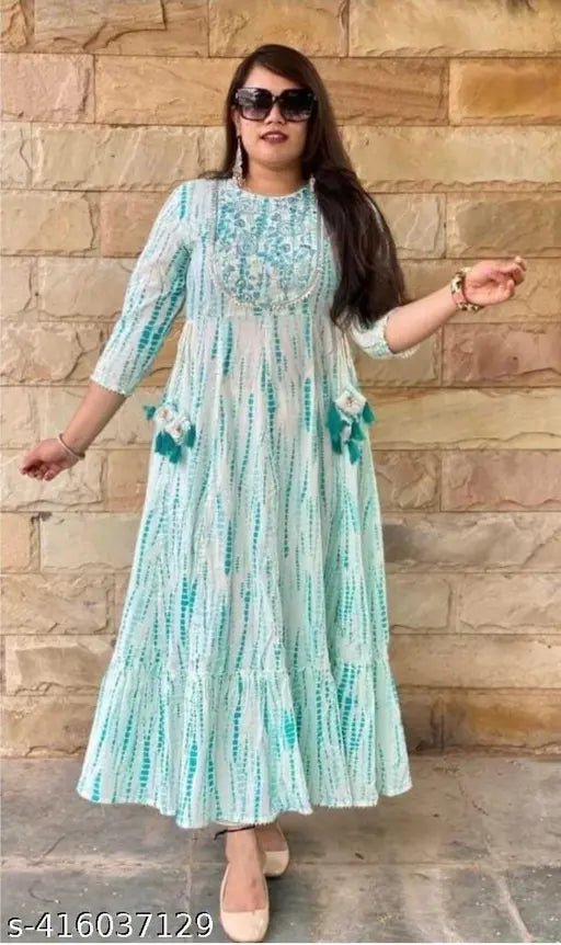 Green Rayon Embroidered Festival Gown with Tie-Dye Print, Size S-XXXL