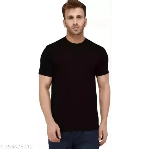 Black basic cotton T-shirt, comfortable and loose fitting, ideal for casual outings. Solid black color. Perfect to go with everything. Double needle stitching throughout. Made in India