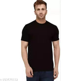 Black basic cotton T-shirt, comfortable and loose fitting, ideal for casual outings. Solid black color. Perfect to go with everything. Double needle stitching throughout. Made in India