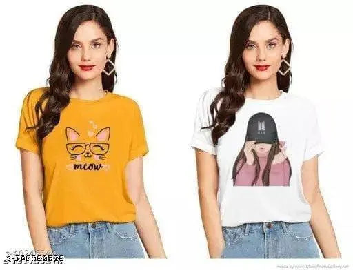 BTS cotton t-shirt for women and girls, 100% cotton, round neck, regular fit, printed design, pack of 2, short sleeves