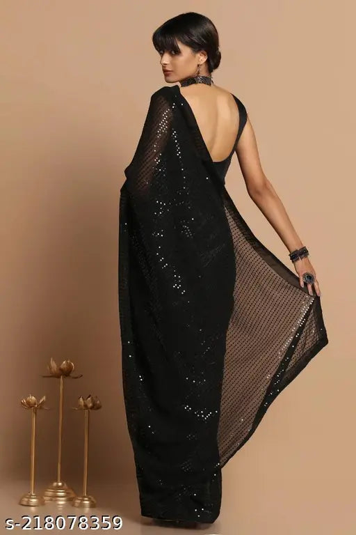 Black Banarasi Silk pleated saree embellished with sequins, free size, length 5.5m