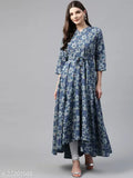 Trendy cotton three-quarter sleeve printed kurti, high low flared design, intricate threadwork, India origin
