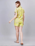 Yellow Shiashi printed satin night suit set (top and shorts), featuring short sleeves and a matching design on both top and bottom