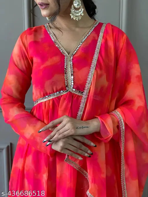 Women's stylish floral printed georgette Anarkali dress gown with dupatta set - Indian traditional maxi dress for parties and special occasions