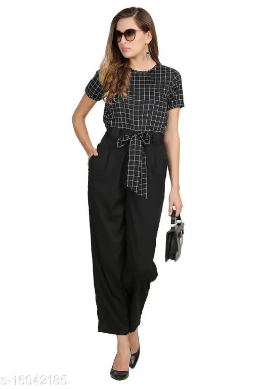 Trendy designer women's polyester jumpsuit with checked pattern, short sleeves, size M
