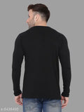 Black cotton blend round t-shirt with mens placement print, long sleeves, size S for chest 38in, length 26in. High-quality, comfortable, fashionable T-shirt from trusted Indian brand