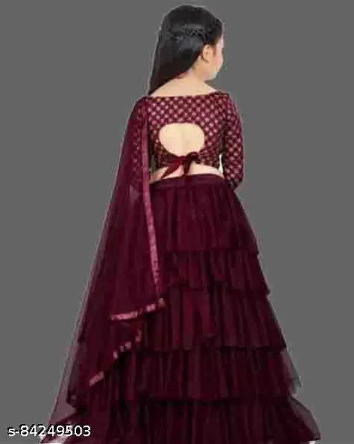 Embroidered satin kids lehenga choli for festivals, with net dupatta and long sleeves. Indian-made, ruffle-stitched lehenga choli set for kids aged 3-16 years and free size