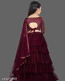 Embroidered satin kids lehenga choli for festivals, with net dupatta and long sleeves. Indian-made, ruffle-stitched lehenga choli set for kids aged 3-16 years and free size